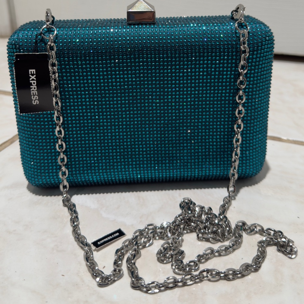 Express Turquoise Rhinestone Clutch with Silver Chain